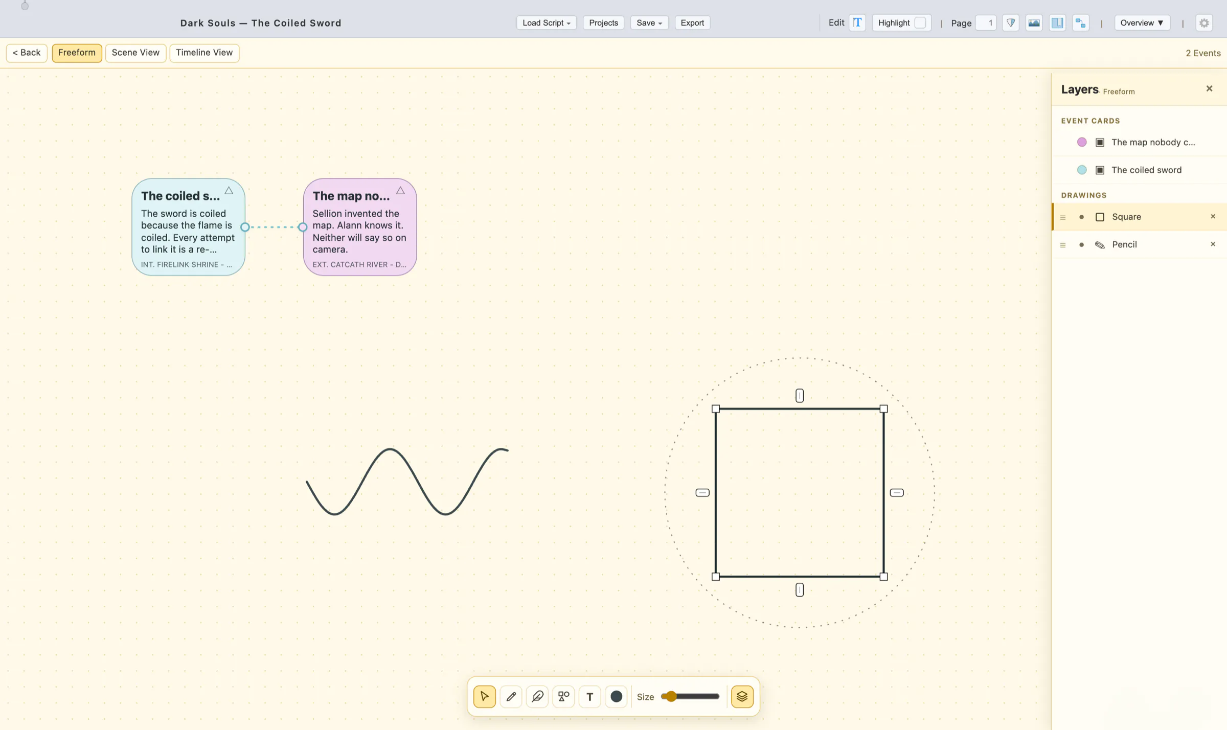 Event Graph with pencil and square drawings, the drawing toolbar and the Layers panel open